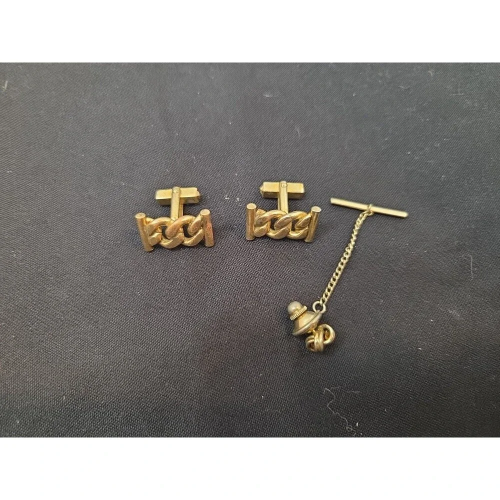 Vintage Ansen Cufflinks With Tie Chain Goldtone